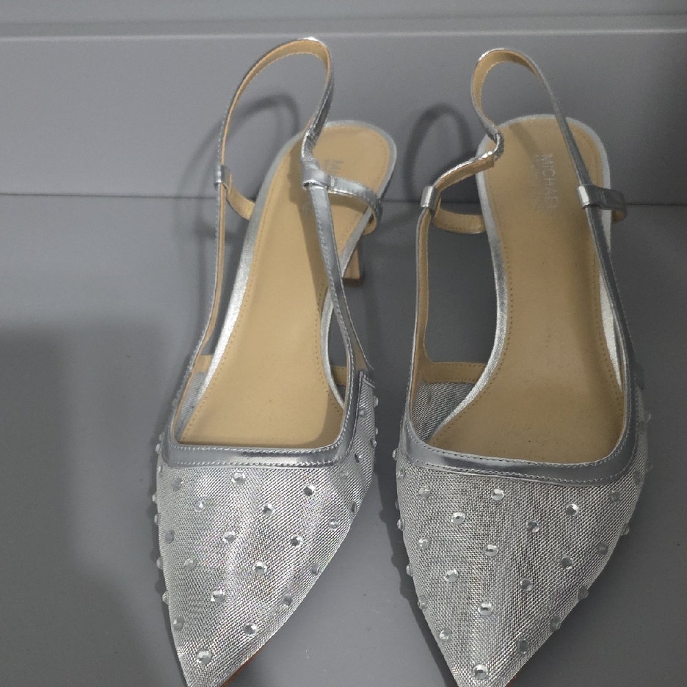 MICHAEL Michael Kors Silver Embellished Slingback Kitten Heels